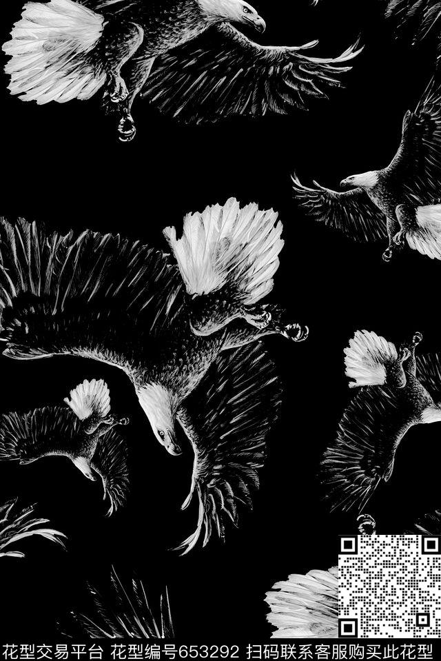霸气老鹰黑白数码印花华亿平台下载（图片编号: 653292） - 瓦栏（Walan）