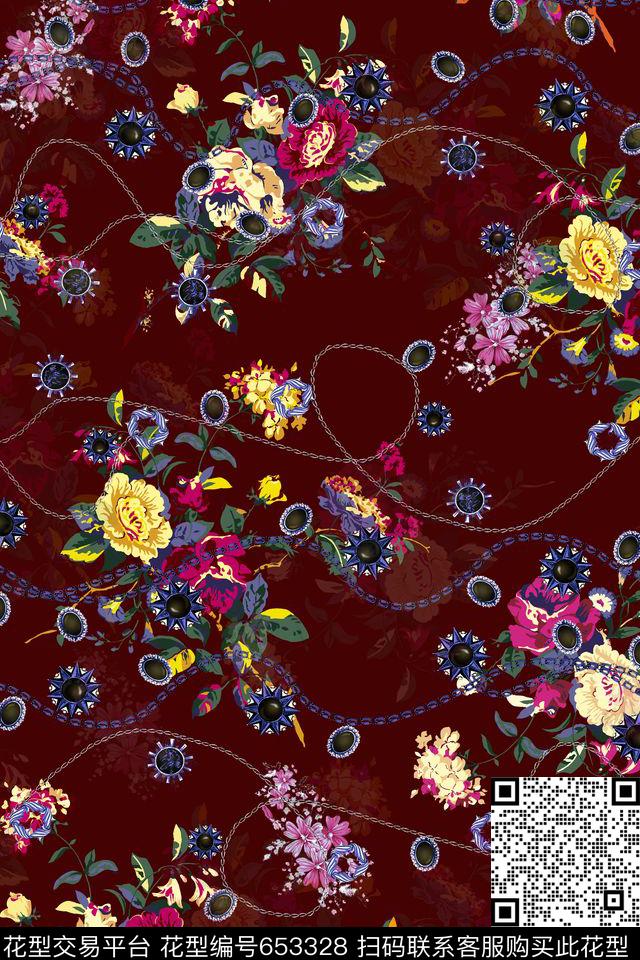 手绘花卉花朵珠宝蓝色宝石链条数码印花华亿平台下载（图片编号: 653328） - 瓦栏（Walan）