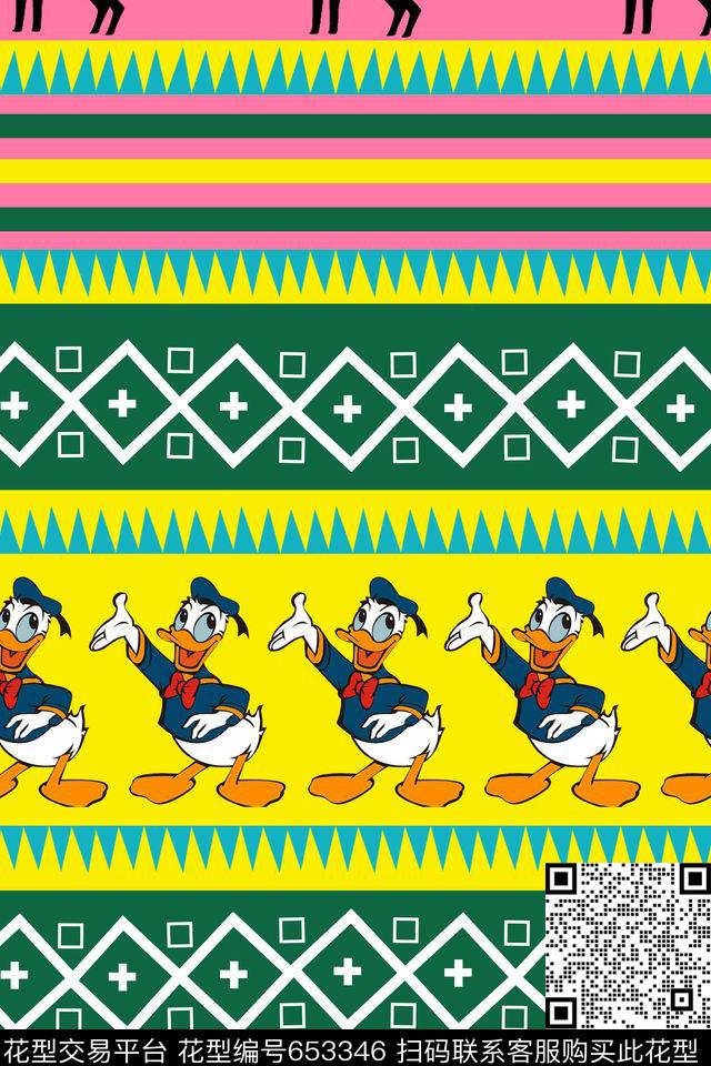 卡通唐老鸭几何线条方形三角形传统印花华亿平台下载（图片编号: 653346） - 瓦栏（Walan）