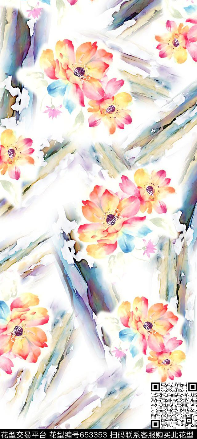时尚抽象花卉数码印花华亿平台下载（图片编号: 653353） - 瓦栏（Walan）
