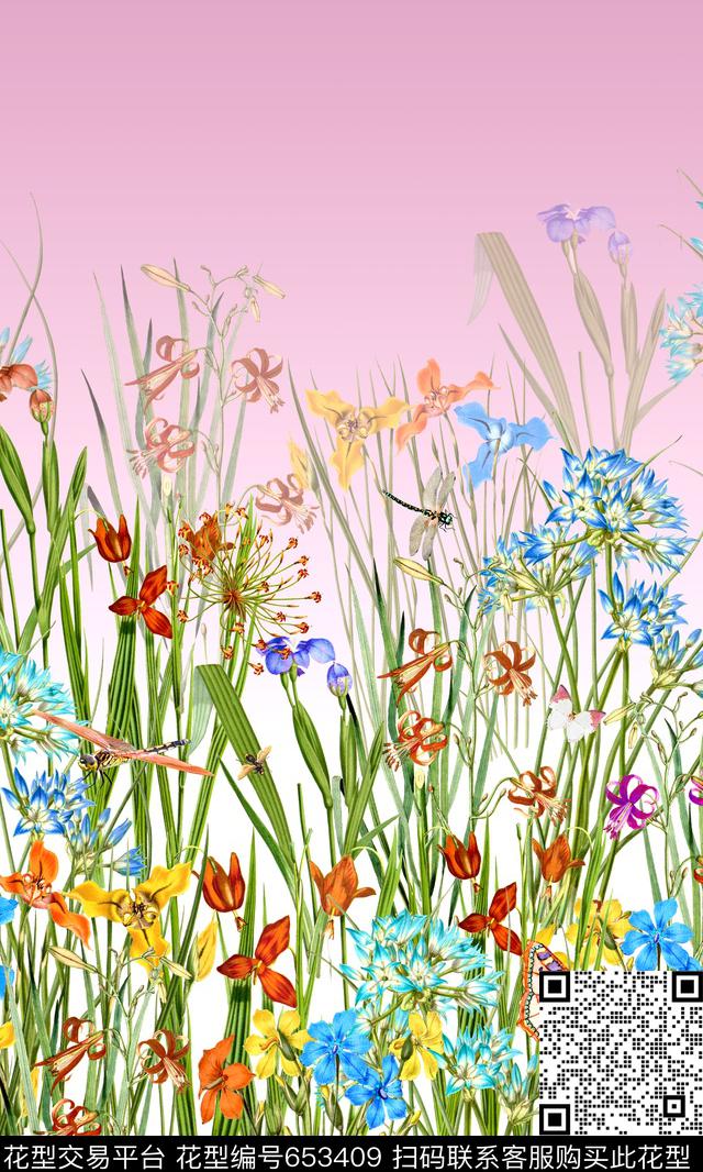 花卉蝴蝶蜻蜓数码印花华亿平台下载（图片编号: 653409） - 瓦栏（Walan）