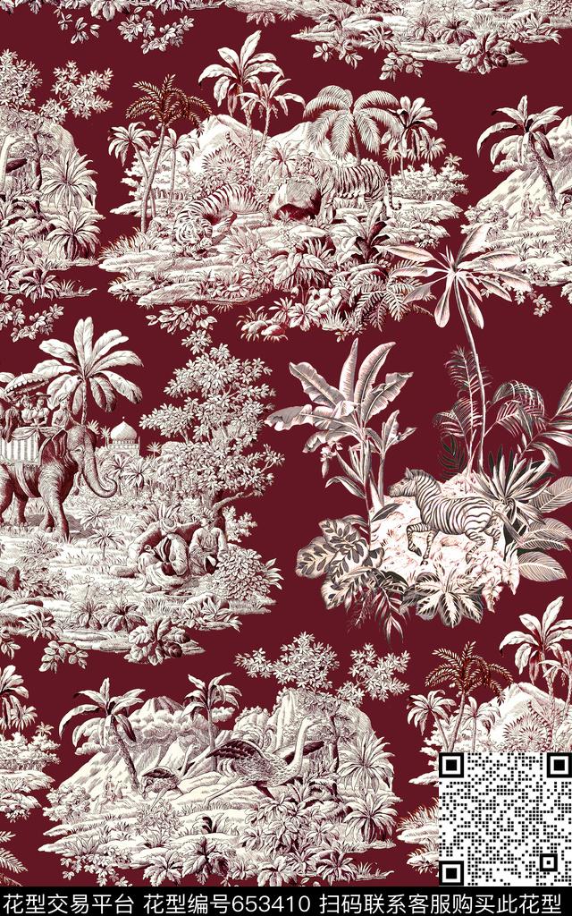 风景棕榈树马数码印花华亿平台下载（图片编号: 653410） - 瓦栏（Walan）