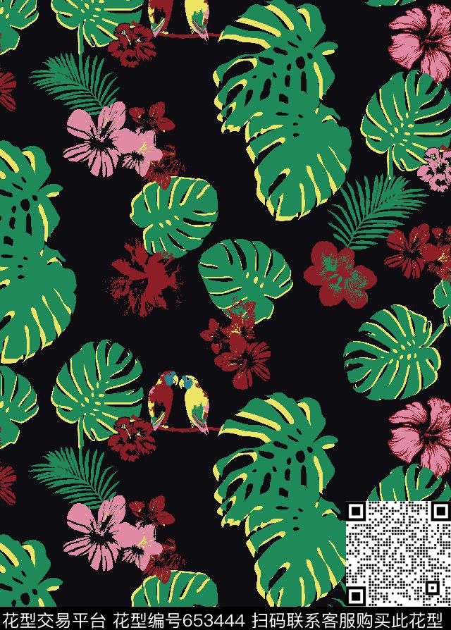 热带花卉棕榈叶黑底传统印花华亿平台下载（图片编号: 653444） - 瓦栏（Walan）