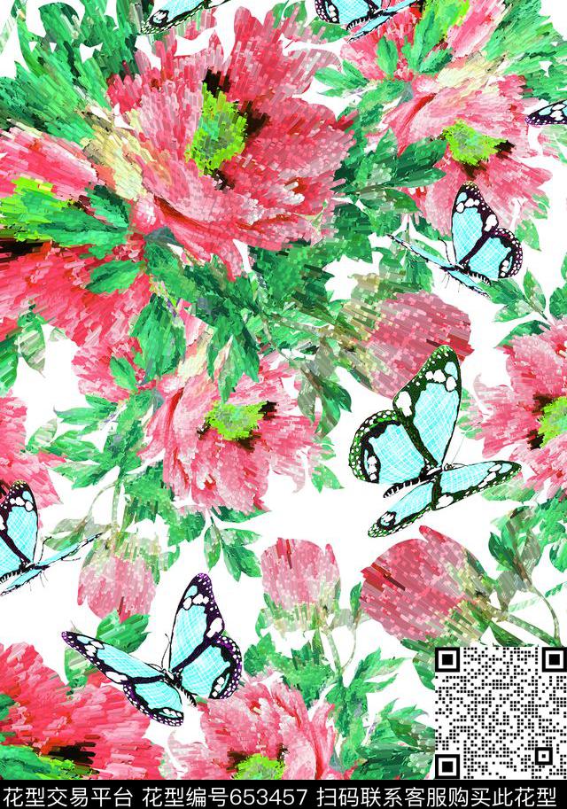 花卉蝴蝶喜庆民族风数码印花华亿平台下载（图片编号: 653457） - 瓦栏（Walan）