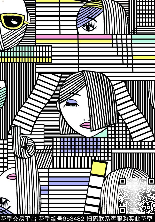 几何与人像系列趣味传统印花华亿平台下载（图片编号: 653482） - 瓦栏（Walan）