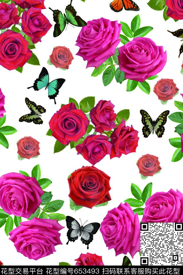 花卉玫瑰蝴蝶数码印花华亿平台下载（图片编号: 653493） - 瓦栏（Walan）