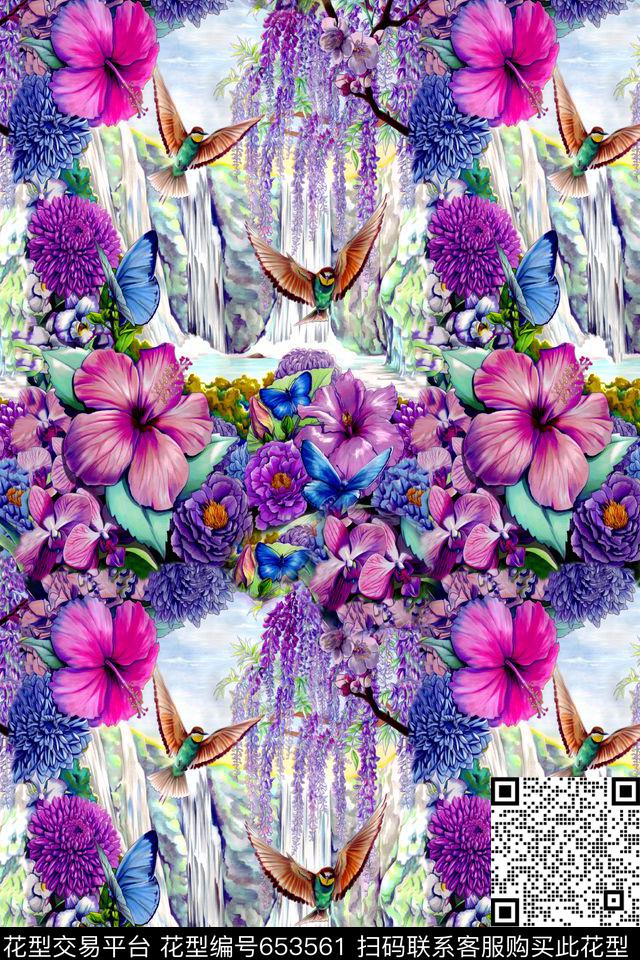 花卉鸟蝴蝶数码印花华亿平台下载（图片编号: 653561） - 瓦栏（Walan）