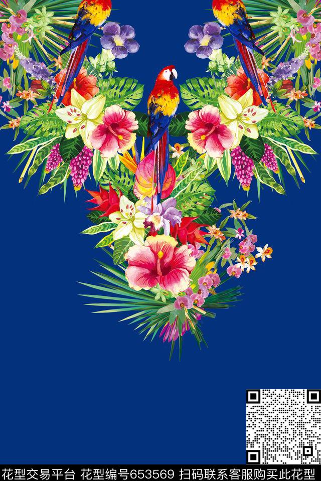 热带植物花卉鸟鹦鹉花朵数码印花华亿平台下载（图片编号: 653569） - 瓦栏（Walan）