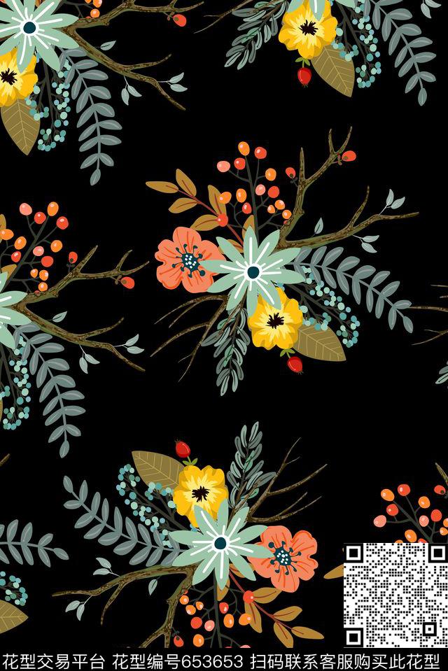 黑底平扁花卉传统印花华亿平台下载（图片编号: 653653） - 瓦栏（Walan）
