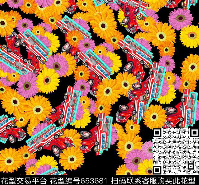 菊花卡通汽车数码印花华亿平台下载（图片编号: 653681） - 瓦栏（Walan）