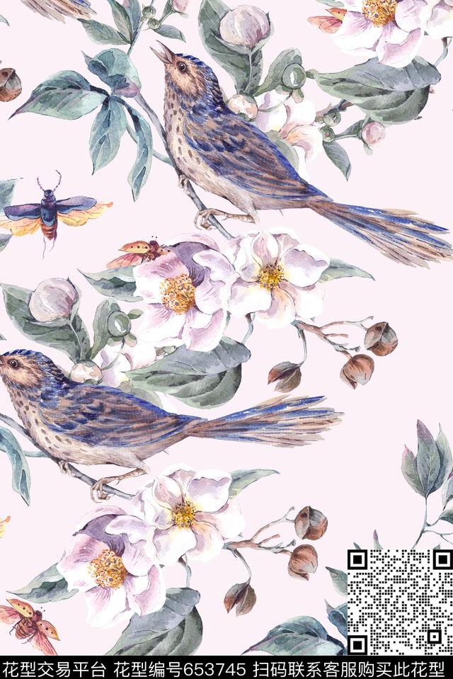 手绘花卉鸟数码印花华亿平台下载（图片编号: 653745） - 瓦栏（Walan）