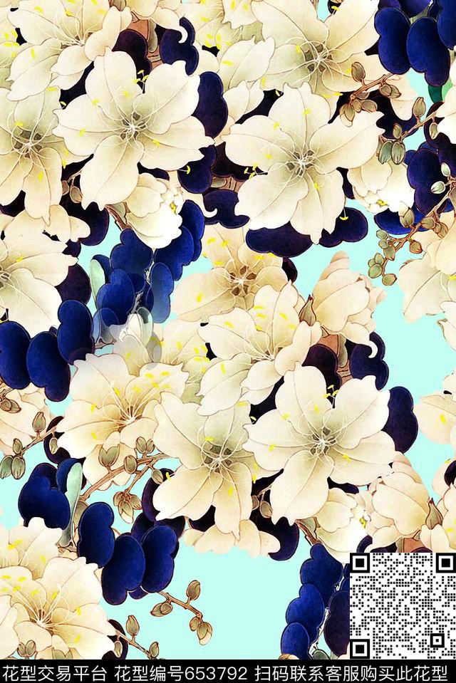 工笔画宫廷风百合数码印花华亿平台下载（图片编号: 653792） - 瓦栏（Walan）