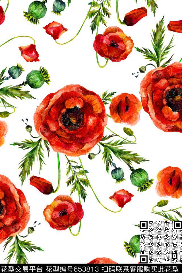 手绘罂粟花绿叶数码印花华亿平台下载（图片编号: 653813） - 瓦栏（Walan）