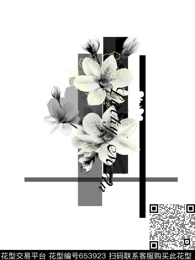 唯美花朵结合几何拼贴试用于麻料衬衫t恤感觉材质的华亿平台数码印花华亿平台下载（图片编号: 653923） - 瓦栏（Walan）