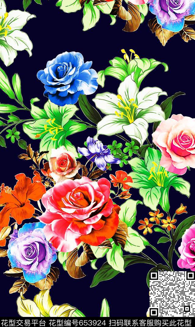 数码花花卉黑底数码印花华亿平台下载（图片编号: 653924） - 瓦栏（Walan）