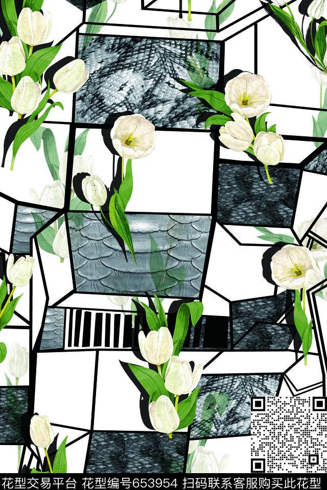 流行时尚郁金香花卉数码印花华亿平台下载（图片编号: 653954） - 瓦栏（Walan）