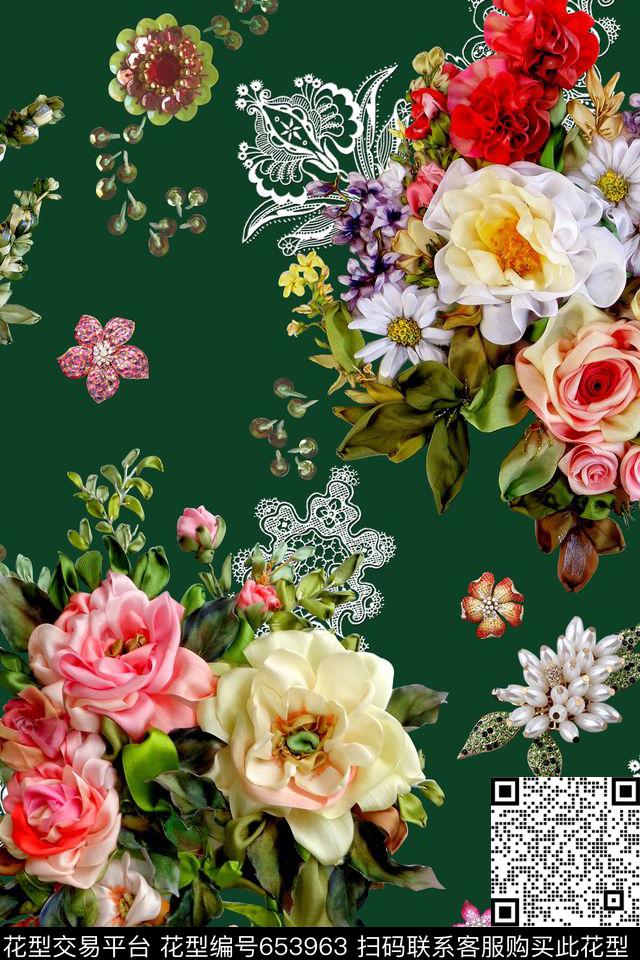 花卉蕾丝贴布数码印花华亿平台下载（图片编号: 653963） - 瓦栏（Walan）
