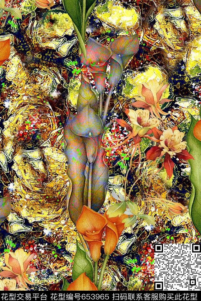 时尚大牌女装裙子外套抽象花卉喇叭花数码印花时尚潮流水彩画抽象纹理低纹沙发布印花数码印花华亿平台下载（图片编号: 653965） - 瓦栏（Walan）