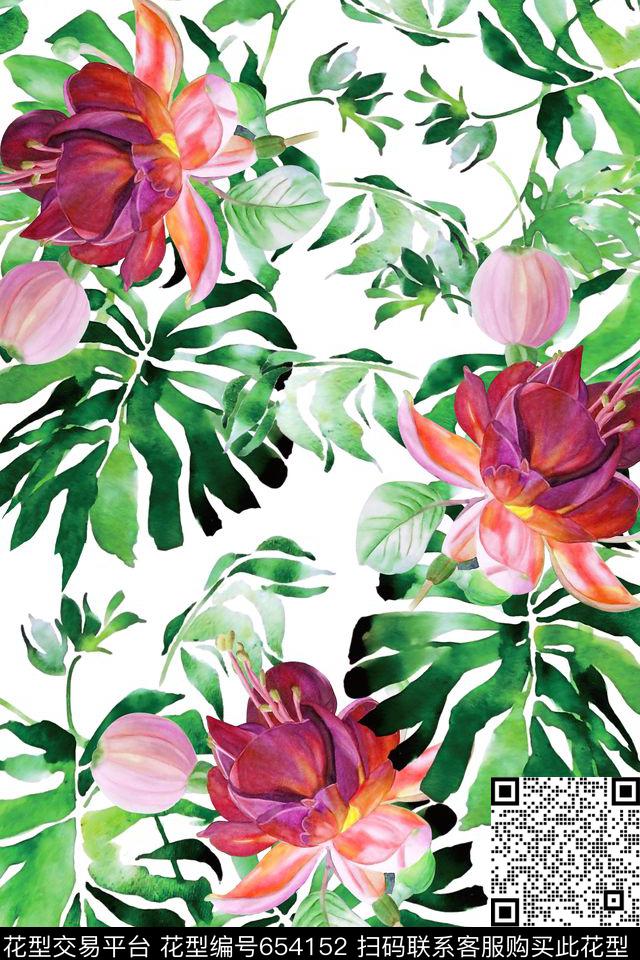 水彩花卉大叶子数码印花华亿平台下载（图片编号: 654152） - 瓦栏（Walan）