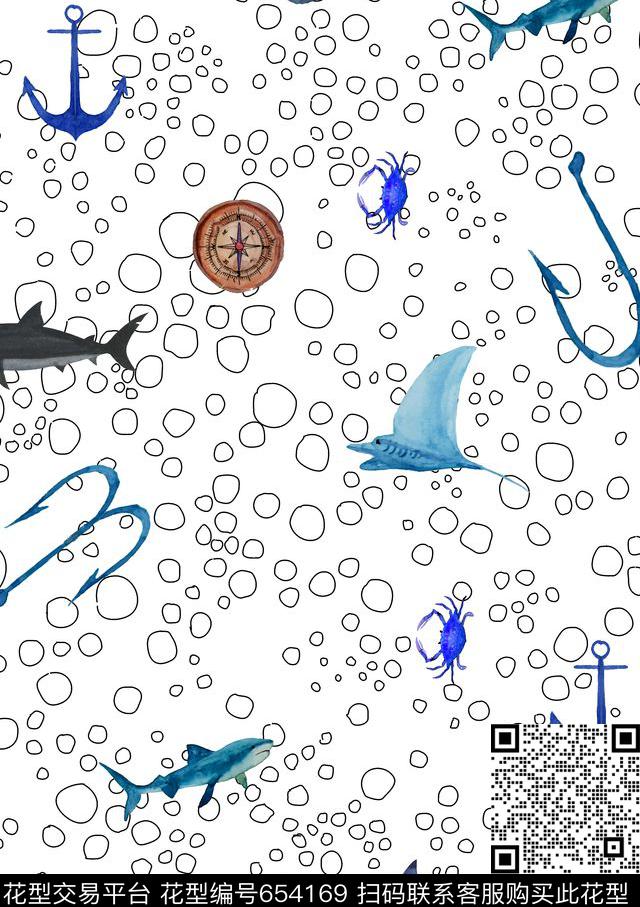水彩鲨鱼船锚指南针数码印花华亿平台下载（图片编号: 654169） - 瓦栏（Walan）