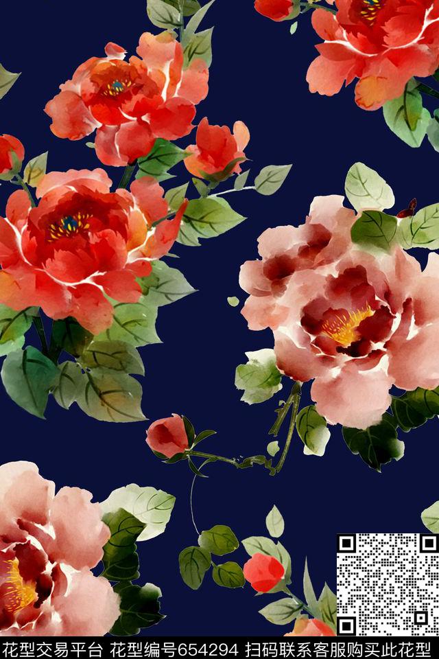 水墨中国风花卉数码印花华亿平台下载（图片编号: 654294） - 瓦栏（Walan）