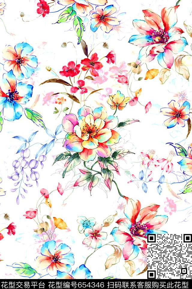 手绘水彩花卉数码印花华亿平台下载（图片编号: 654346） - 瓦栏（Walan）