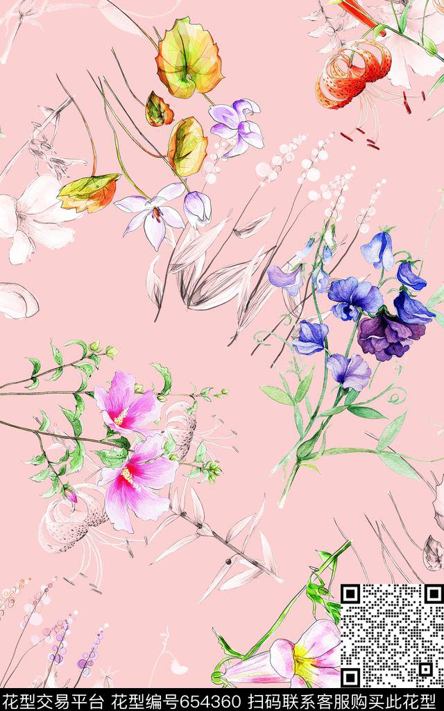 康乃馨水仙花花朵数码印花华亿平台下载（图片编号: 654360） - 瓦栏（Walan）