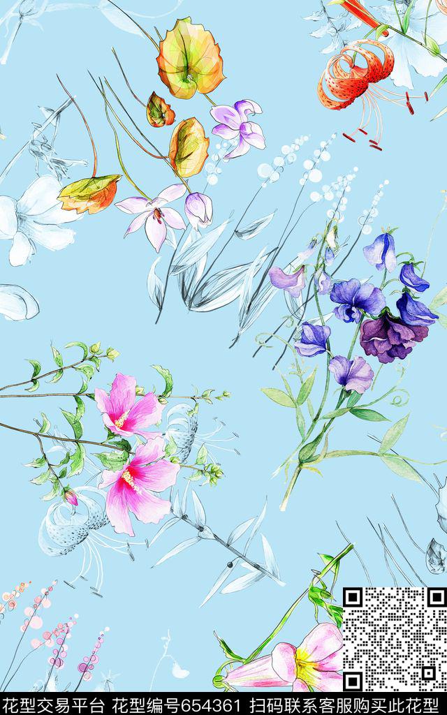 康乃馨水仙花花朵数码印花华亿平台下载（图片编号: 654361） - 瓦栏（Walan）