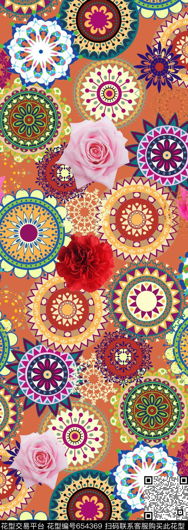 圆形花纹民族风丝巾长巾几何花纹传统印花华亿平台下载（图片编号: 654369） - 瓦栏（Walan）