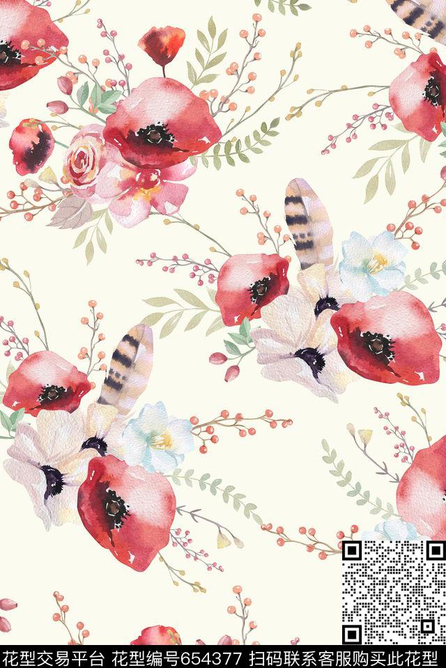 手绘藤条花卉数码印花华亿平台下载（图片编号: 654377） - 瓦栏（Walan）