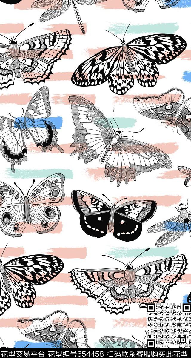 昆虫蝴蝶甜美传统印花华亿平台下载（图片编号: 654458） - 瓦栏（Walan）