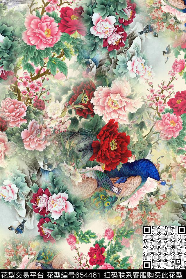 中国风花卉鸟吗孔雀数码印花华亿平台下载（图片编号: 654461） - 瓦栏（Walan）