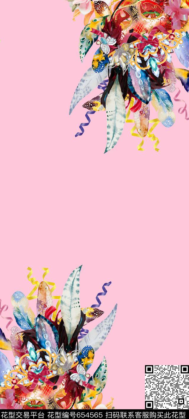 手绘羽毛珠宝宝石时尚面具数码印花华亿平台下载（图片编号: 654565） - 瓦栏（Walan）