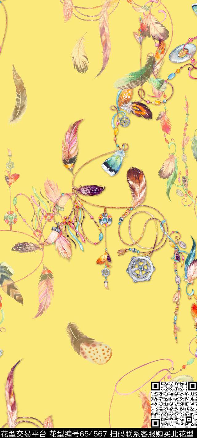 手绘羽毛配饰珠子项链手环数码印花华亿平台下载（图片编号: 654567） - 瓦栏（Walan）