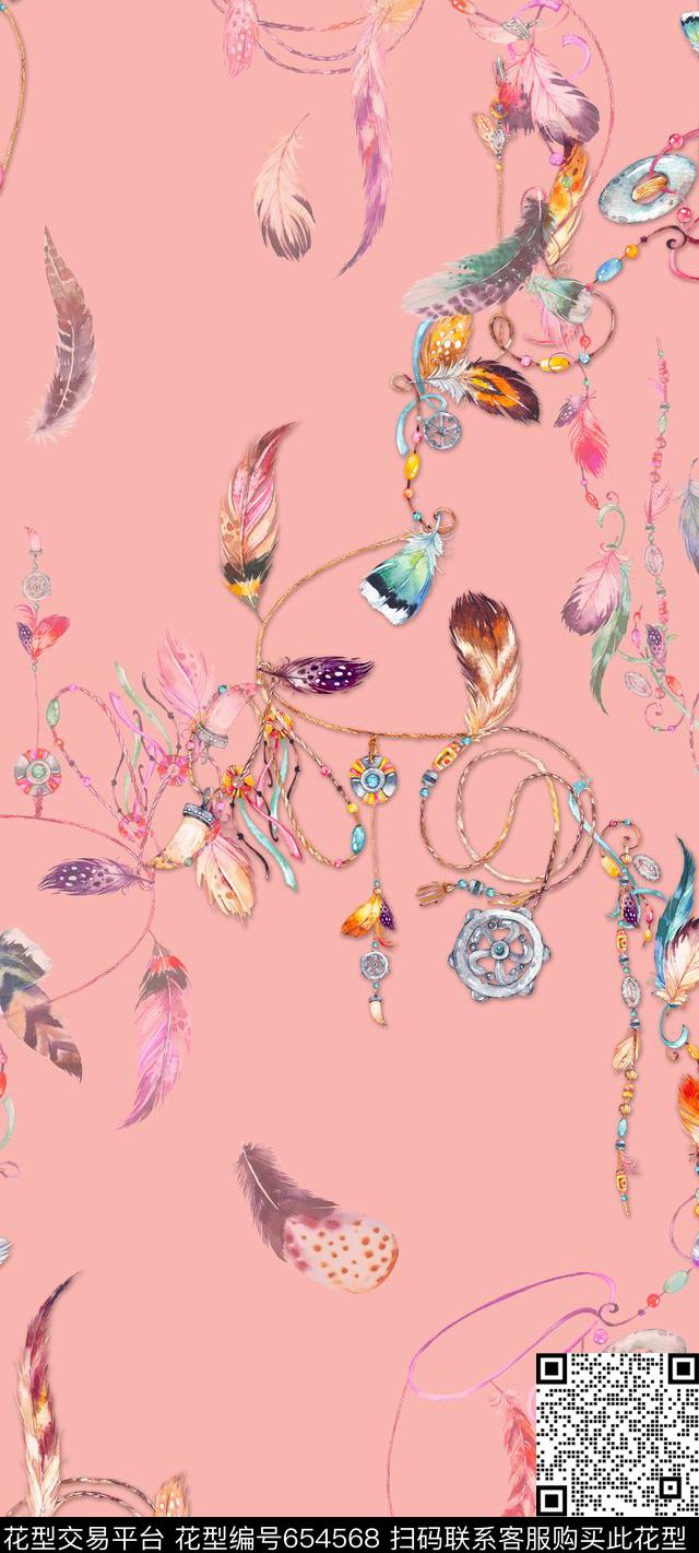 手绘羽毛配饰珠子项链手环数码印花华亿平台下载（图片编号: 654568） - 瓦栏（Walan）