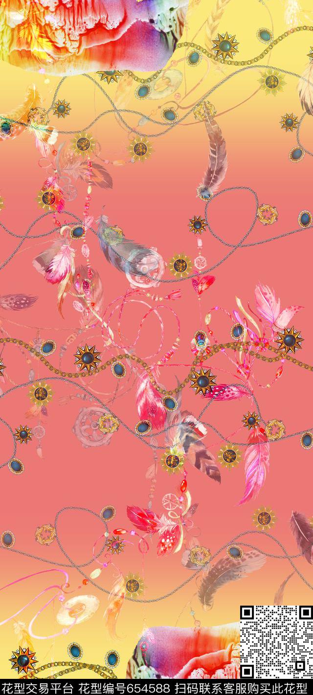 珠宝宝石彩色渐变底纹背景羽毛配饰数码印花华亿平台下载（图片编号: 654588） - 瓦栏（Walan）