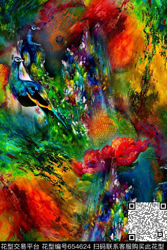 抽象炫彩孔雀数码印花华亿平台下载（图片编号: 654624） - 瓦栏（Walan）