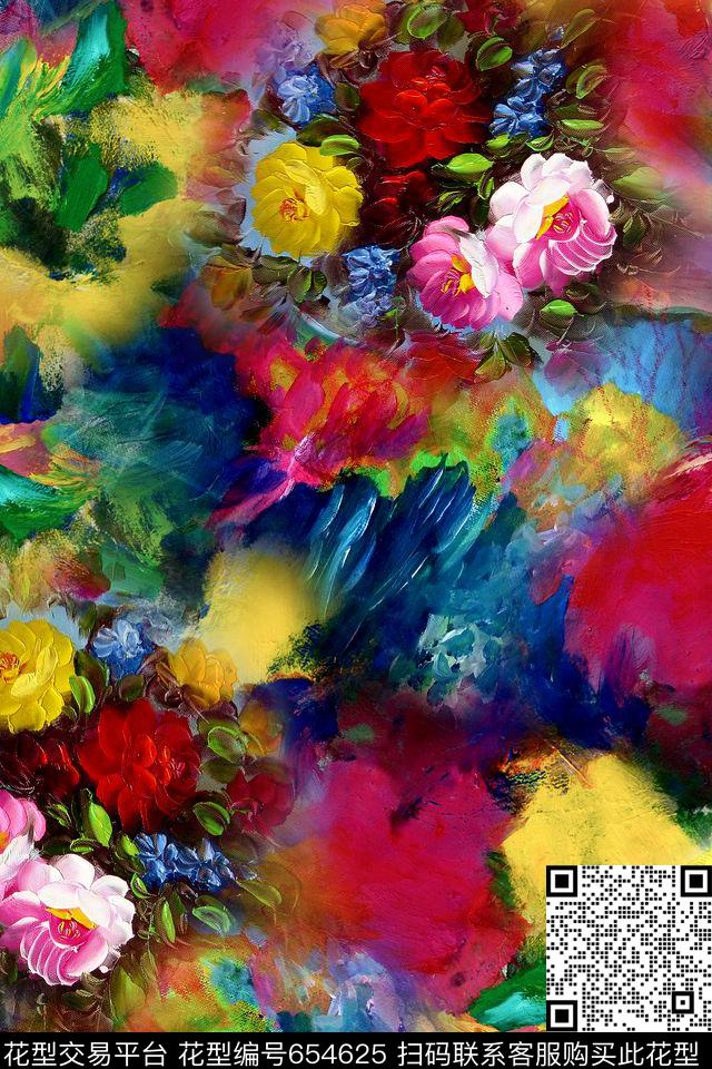 抽象油画花卉数码印花华亿平台下载（图片编号: 654625） - 瓦栏（Walan）
