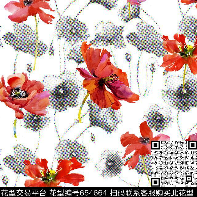 花卉手绘罂粟数码印花华亿平台下载（图片编号: 654664） - 瓦栏（Walan）