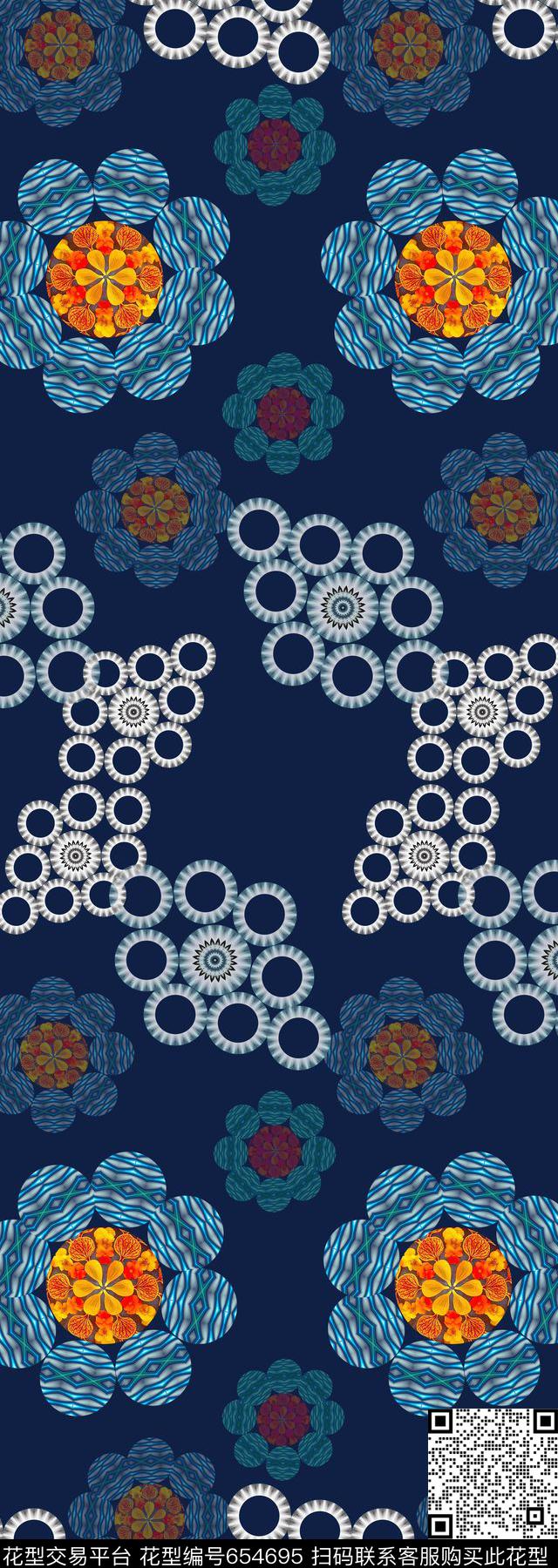 创意花卉丝巾围巾秀场圆圈拼接数码印花华亿平台下载（图片编号: 654695） - 瓦栏（Walan）