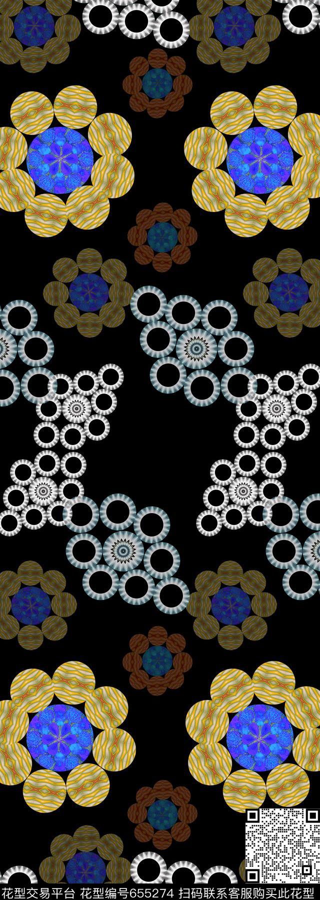 创意花卉丝巾围巾秀场圆圈拼接数码印花华亿平台下载（图片编号: 655274） - 瓦栏（Walan）