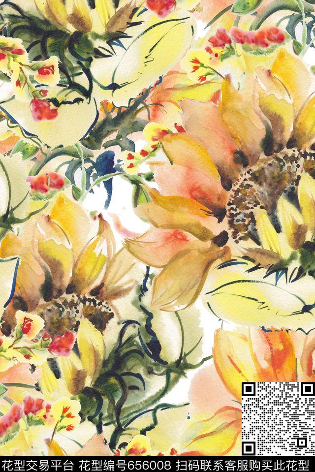 水彩手绘向日葵数码印花华亿平台下载（图片编号: 656008） - 瓦栏（Walan）
