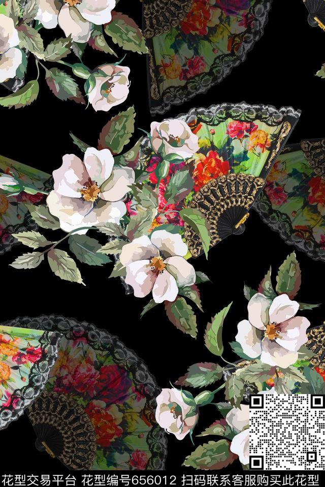 花卉植物扇子数码印花华亿平台下载（图片编号: 656012） - 瓦栏（Walan）