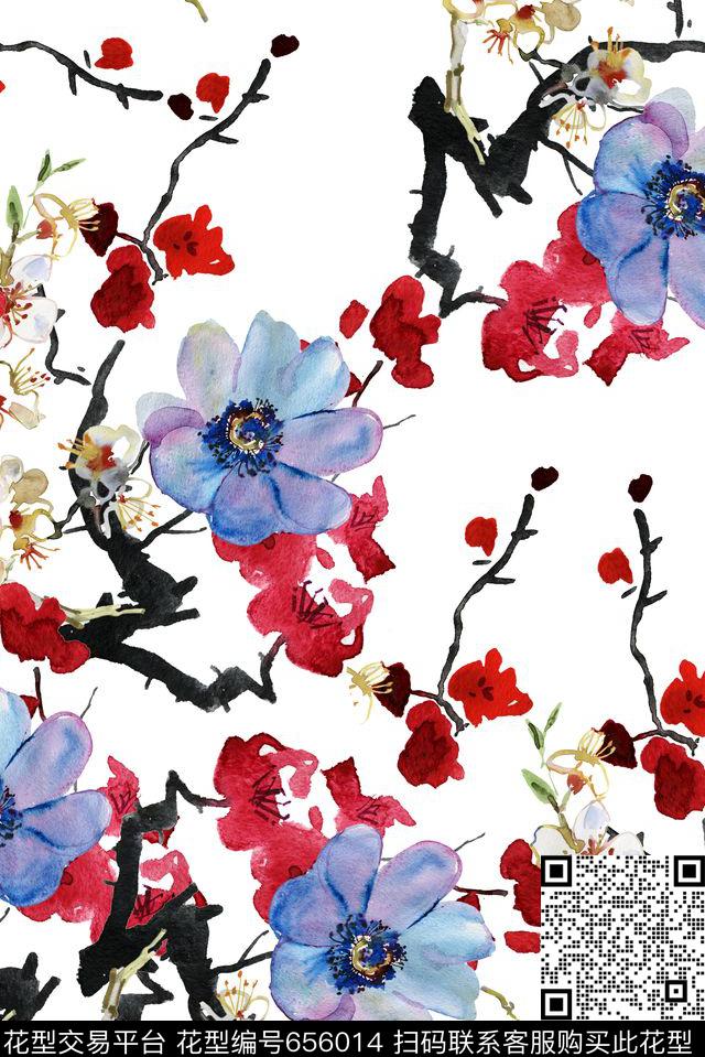 水墨桃花梨花数码印花华亿平台下载（图片编号: 656014） - 瓦栏（Walan）