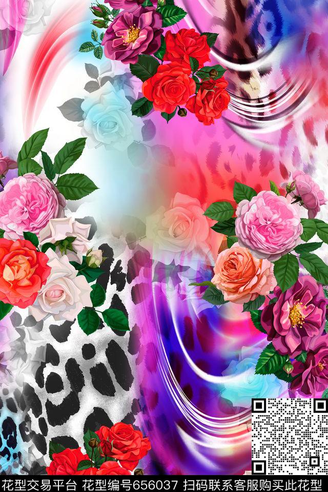 玫瑰花朵豹纹数码印花华亿平台下载（图片编号: 656037） - 瓦栏（Walan）