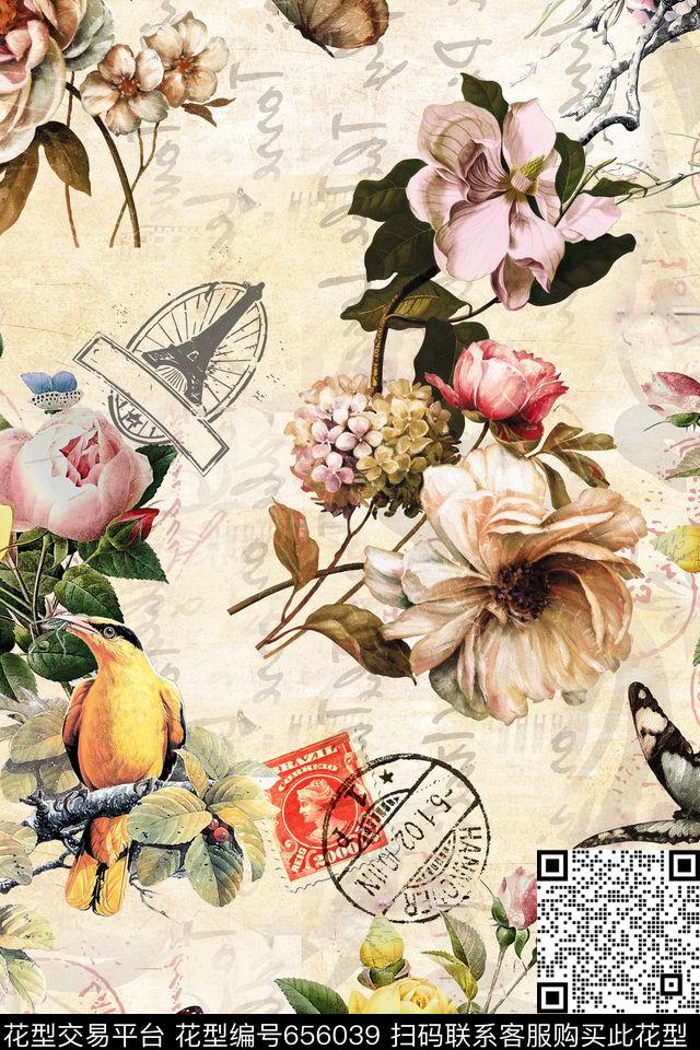 花卉花鸟邮戳数码印花华亿平台下载（图片编号: 656039） - 瓦栏（Walan）