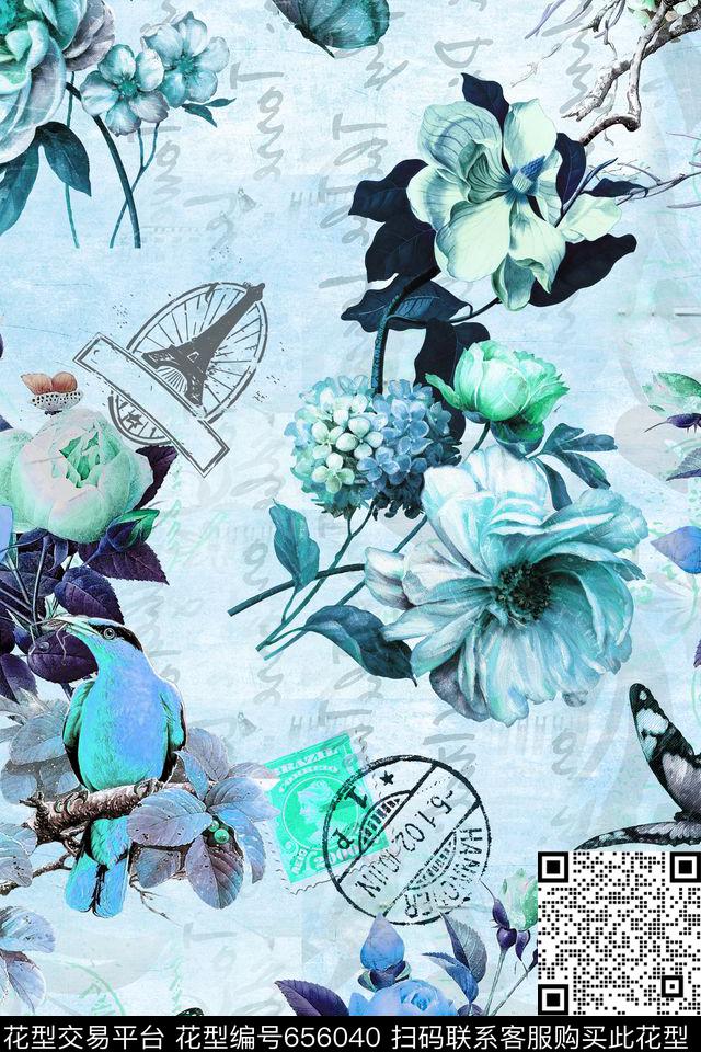 花卉花鸟邮戳数码印花华亿平台下载（图片编号: 656040） - 瓦栏（Walan）