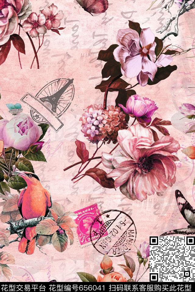花卉花鸟邮戳数码印花华亿平台下载（图片编号: 656041） - 瓦栏（Walan）