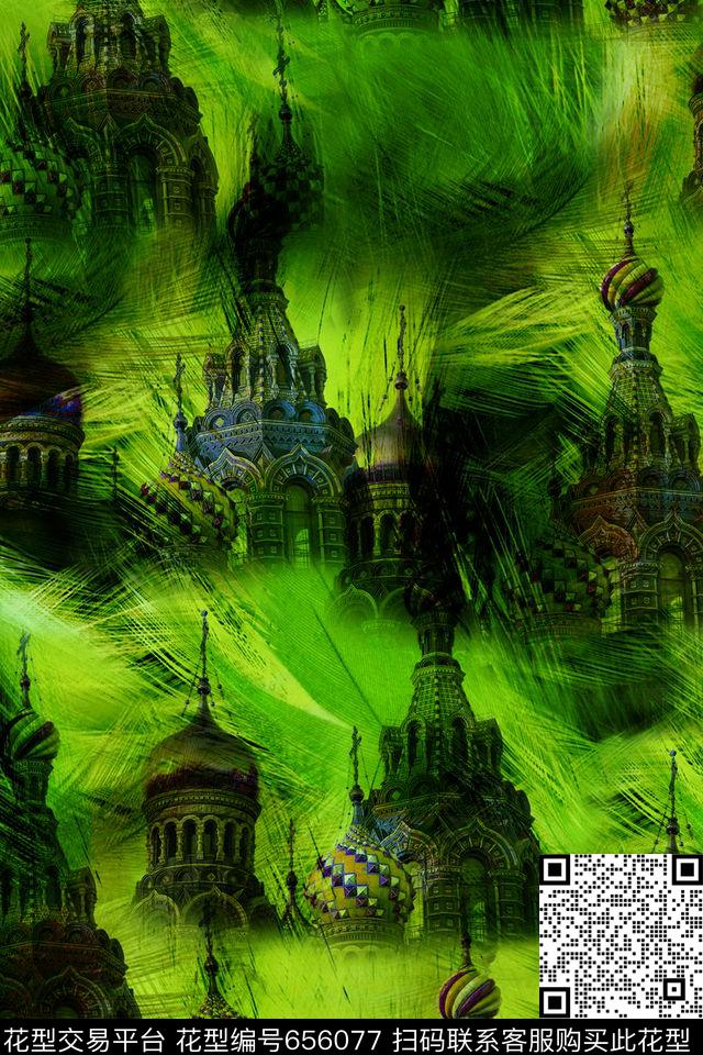 风景建筑物羽毛数码印花华亿平台下载（图片编号: 656077） - 瓦栏（Walan）