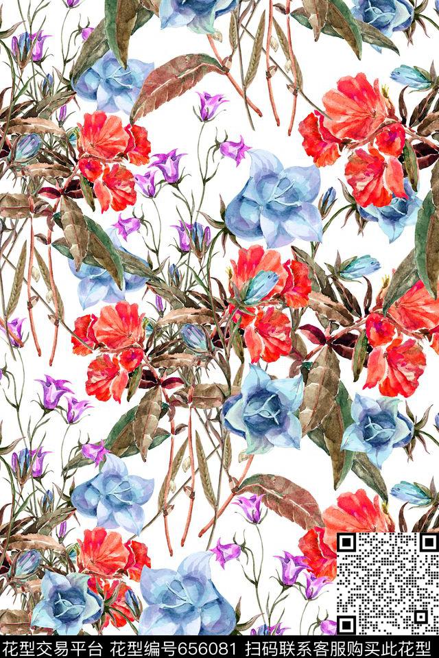 手绘花草花卉数码印花华亿平台下载（图片编号: 656081） - 瓦栏（Walan）